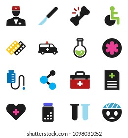 solid vector ixon set - flask vector, pills vial, molecule, doctor bag, ambulance star, disabled, heart cross, scalpel, broken bone, blister, anamnesis, amkbulance car, drop counter, head bandage