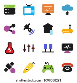 solid vector ixon set - flask vector, satellite, satellitie, gamepad, settings, remote control, diagnostic monitor, server, big data, router, share, cloud upload, tv, smart home, phone