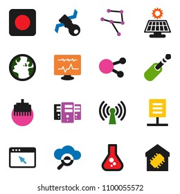 solid vector ixon set - flask vector, earth, satellite, social media, rec button, jack, diagnostic monitor, network, cloud glass, server, browser, lan connector, document, solar panel, wireless
