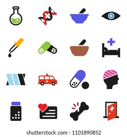 solid vector ixon set - flask vector, pills vial, heart monitor, eye, dna, dropper, broken bone, mortar, hospital bed, amkbulance car, bandage, head, medical room