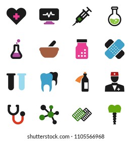 solid vector ixon set - flask vector, molecule, heart cross, doctor, vial, syringe, patch, stethoscope, pills bottle, blister, mortar, diagnostic monitor, potion, tooth, implant