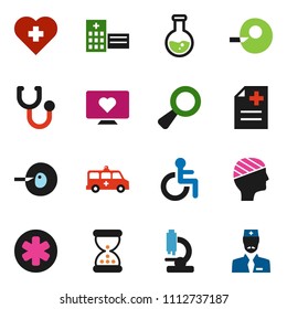solid vector ixon set - flask vector, heart monitor, cross, ambulance star, disabled, magnifier, insemination, sand clock, stethoscope, microscope, anamnesis, hospital building, amkbulance car
