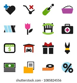 solid vector ixon set - foam basin vector, cash, dollar calendar, measuring, swimsuite, heart cross, first aid kit, no trolley, tulip, jack, bandage, garage, estate document, crib, gift, percent