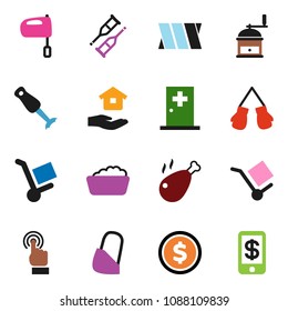 solid vector ixon set - foam basin vector, house hold, hand mill, mixer, blender, chicken leg, dollar coin, boxing glove, cargo, touchscreen, crutches, bandage, medical room, trolley, tap pay