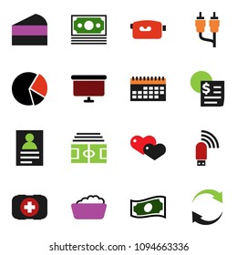 solid vector ixon set - foam basin vector, cake, personal information, pie graph, cash, presentation board, stadium, first aid kit, money, calendar, receipt, video camera, heart, rca, usb modem