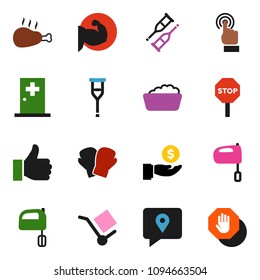 solid vector ixon set - foam basin vector, mixer, chicken leg, investment, muscule hand, boxing glove, traking, cargo, touchscreen, finger up, crutches, medical room, stop