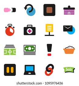 solid vector ixon set - foam basin vector, cook timer, university, notebook pc, stadium, first aid kit, money, pause button, stop, undo, mail, chain, connection, network document, attention sign