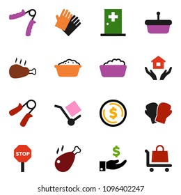 solid vector ixon set - foam basin vector, rubber glove, house hold, chicken leg, dollar coin, investment, hand trainer, boxing, cargo, medical room, stop, basket, trolley