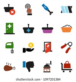 solid vector ixon set - foam basin vector, hand mill, mixer, blender, chicken leg, investment, trainer, touchscreen, finger down, bandage, medical room, basket, trolley