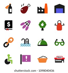 solid vector ixon set - foam basin vector, apron, dish, chicken leg, glasses, annual report, shuttlecock, pool, attention, link, disabled, potion, fruit tree, barn, factory, mall