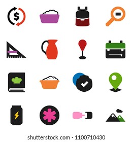 solid vector ixon set - foam basin vector, cookbook, jug, corner ruler, backpack, exchange, punching bag, enegry drink, protected, cargo search, ambulance star, connection, pin, mountain