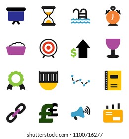 solid vector ixon set - foam basin vector, copybook, alarm clock, medal, constellation, dollar growth, presentation board, pound, target, pool, sea container, glass, loudspeaker, sand, chain, mail