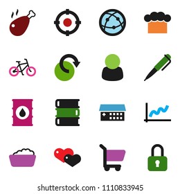 solid vector ixon set - foam basin vector, cook hat, chicken leg, book, pen, graph, bike, oil barrel, internet, heart, hospital building, redo, customer, target, cart, lock