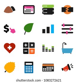 solid vector ixon set - garbage pile vector, calculator, leaf, dollar cursor, heart cross, calendar, sorting, equalizer, big data, disconnection, bath, loudspeaker