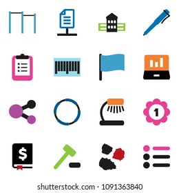solid vector ixon set - garbage pile vector, school building, pen, table lamp, clipboard, flag, laptop graph, annual report, horizontal bar, medal, hoop, share, network document, barcode, auction