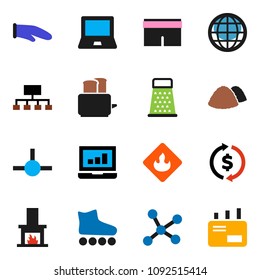 solid vector ixon set - garbage pile vector, cook glove, grater, toaster, notebook pc, exchange, laptop graph, hierarchy, shorts, roller Skates, flammable, connect, network, globe, fireplace, mail