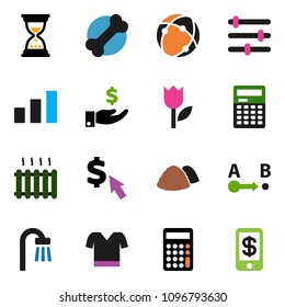 solid vector ixon set - garbage pile vector, calculator, investment, sand clock, dollar cursor, t shirt, bone, tulip, sorting, route, connection, equalizer, bath, heating, tap pay
