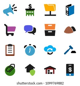 solid vector ixon set - garbage pile vector, alarm clock, archive, auction, bank building, binder, clipboard, dialog, network folder, cloud exchange, attachment, barn, home protect, cart, tap pay