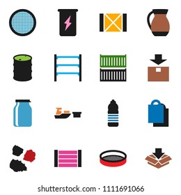solid vector ixon set - garbage pile vector, jug, sieve, jar, enegry drink, water bottle, sea container, port, wood box, package, oil barrel, shelving, shopping bag