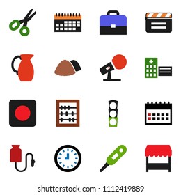 solid vector ixon set - garbage pile vector, jug, case, scissors, abacus, clock, calendar, traffic light, cinema clap, microphone, rec button, thermometer, hospital building, drop counter, market