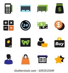 solid vector ixon set - gift vector, dollar coin, cash, money bag, 24 hour, shopping, customer, support, buy, barcode, card reader, receipt, calculator, catalog, star