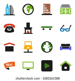 solid vector ixon set - glasses vector, world, stadium, skateboard, earth, dry cargo, monitor, play button, notebook network, office building, cushioned furniture, fireplace, phone, new, home