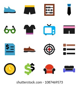 solid vector ixon set - glasses vector, abacus, annual report, tie, dollar sign, snickers, shorts, t shirt, target, clock, tv, menu, cushioned furniture