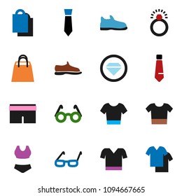solid vector ixon set - glasses vector, tie, snickers, shorts, swimsuite, t shirt, shopping bag, diamond ring, clothes