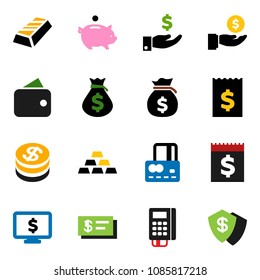 solid vector ixon set - gold ingot vector, credit card, money bag, piggy bank, investment, receipt, monitor dollar, coin, wallet, reader, check, shield