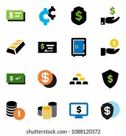 solid vector ixon set - gold ingot vector, investment, coin stack, check, dollar shield, safe, monitor, cent sign
