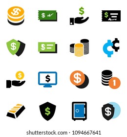 solid vector ixon set - gold ingot vector, investment, coin stack, check, dollar shield, safe, monitor, cent sign