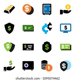 solid vector ixon set - gold ingot vector, investment, coin stack, check, dollar shield, safe, monitor, cent sign