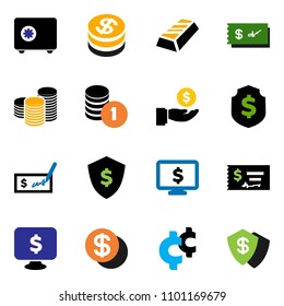 solid vector ixon set - gold ingot vector, investment, coin stack, check, dollar shield, safe, monitor, cent sign