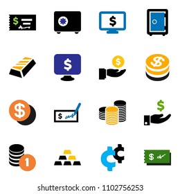 solid vector ixon set - gold ingot vector, investment, coin stack, check, safe, monitor dollar, cent sign