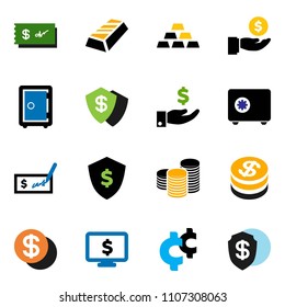 solid vector ixon set - gold ingot vector, investment, coin stack, check, dollar shield, safe, monitor, cent sign
