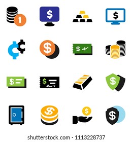 solid vector ixon set - gold ingot vector, investment, coin stack, check, safe, monitor dollar, cent sign, shield
