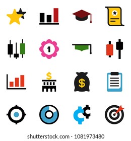 solid vector ixon set - graduate hat vector, clipboard, certificate, graph, pie, japanese candle, bank building, target, cent sign, medal, favorites, money bag