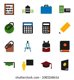 solid vector ixon set - graduate hat vector, pencil, school building, blackboard, drawing compass, case, backpack, abacus, calculator, attachment, catalog