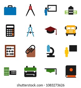 solid vector ixon set - graduate hat vector, school building, blackboard, drawing compass, case, backpack, bus, abacus, calculator, microscope, attachment, catalog