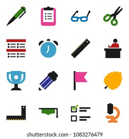 solid vector ixon set - graduate hat vector, pencil, corner ruler, glasses, student, pen, alarm clock, clipboard, award cup, scissors, flag, leaf, exam, microscope