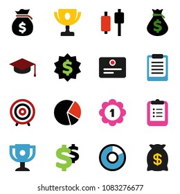 solid vector ixon set - graduate hat vector, clipboard, award cup, certificate, pie graph, japanese candle, money bag, target, dollar medal, sign