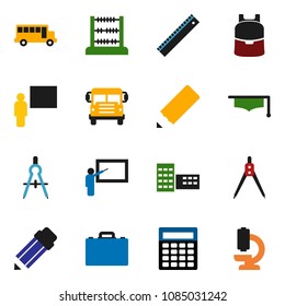 solid vector ixon set - graduate hat vector, pencil, school building, blackboard, ruler, drawing compass, case, backpack, bus, abacus, calculator, microscope