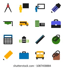 solid vector ixon set - graduate hat vector, pencil, school building, blackboard, ruler, drawing compass, case, bus, calculator, attachment