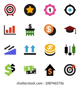 solid vector ixon set - graduate hat vector, graph, japanese candle, dollar growth, bank building, target, sign, medal, stairways run, top, favorites, coin, cash
