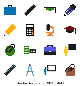 solid vector ixon set - graduate hat vector, pencil, school building, blackboard, ruler, drawing compass, case, calculator, microscope, attachment
