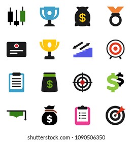 solid vector ixon set - graduate hat vector, clipboard, award cup, certificate, japanese candle, money bag, dollar sign, target, medal, stairways run