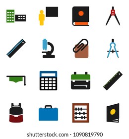 solid vector ixon set - graduate hat vector, school building, blackboard, ruler, drawing compass, case, backpack, abacus, calculator, microscope, attachment, catalog