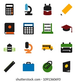solid vector ixon set - graduate hat vector, pencil, school building, ruler, case, backpack, bus, abacus, calculator, microscope, attachment, catalog