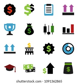 solid vector ixon set - graduate hat vector, clipboard, award cup, graph, pie, japanese candle, money bag, dollar growth, bank building, medal, sign, top, cash