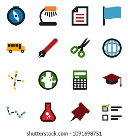 solid vector ixon set - graduate hat vector, pen, table lamp, calculator, paper pin, compass, scissors, school bus, world, document, flag, flask, constellation, exam